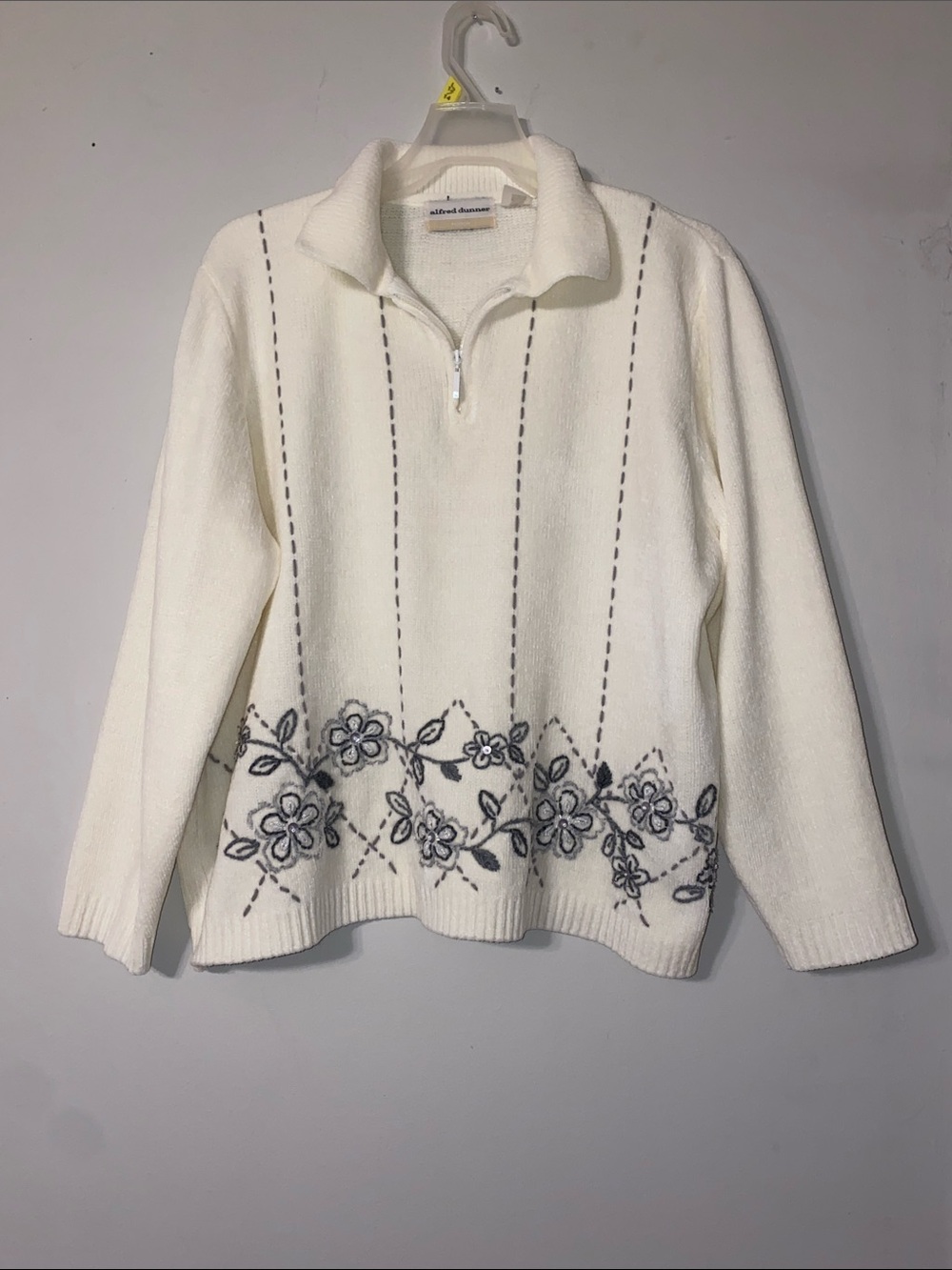 Alfred Dunner Cream Half-Zip Floral Knit Pullover